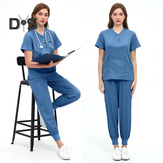 2Pcs/Set Unisex Hospital Uniform Set V-neck Short Sleeve Pockets Tops Elastic Waist Pants Set Quick Drying Hospital Dental Nursing Scrubs Uniforms