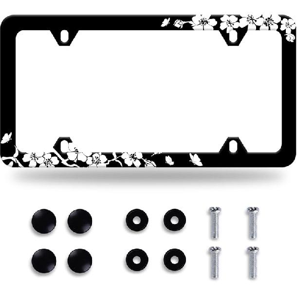 Watercolor Purple And Pink Hibiscus Flowers License Plate Frame License Plate Stainless Steel Parts Colorful License Plate Decorative With Screws