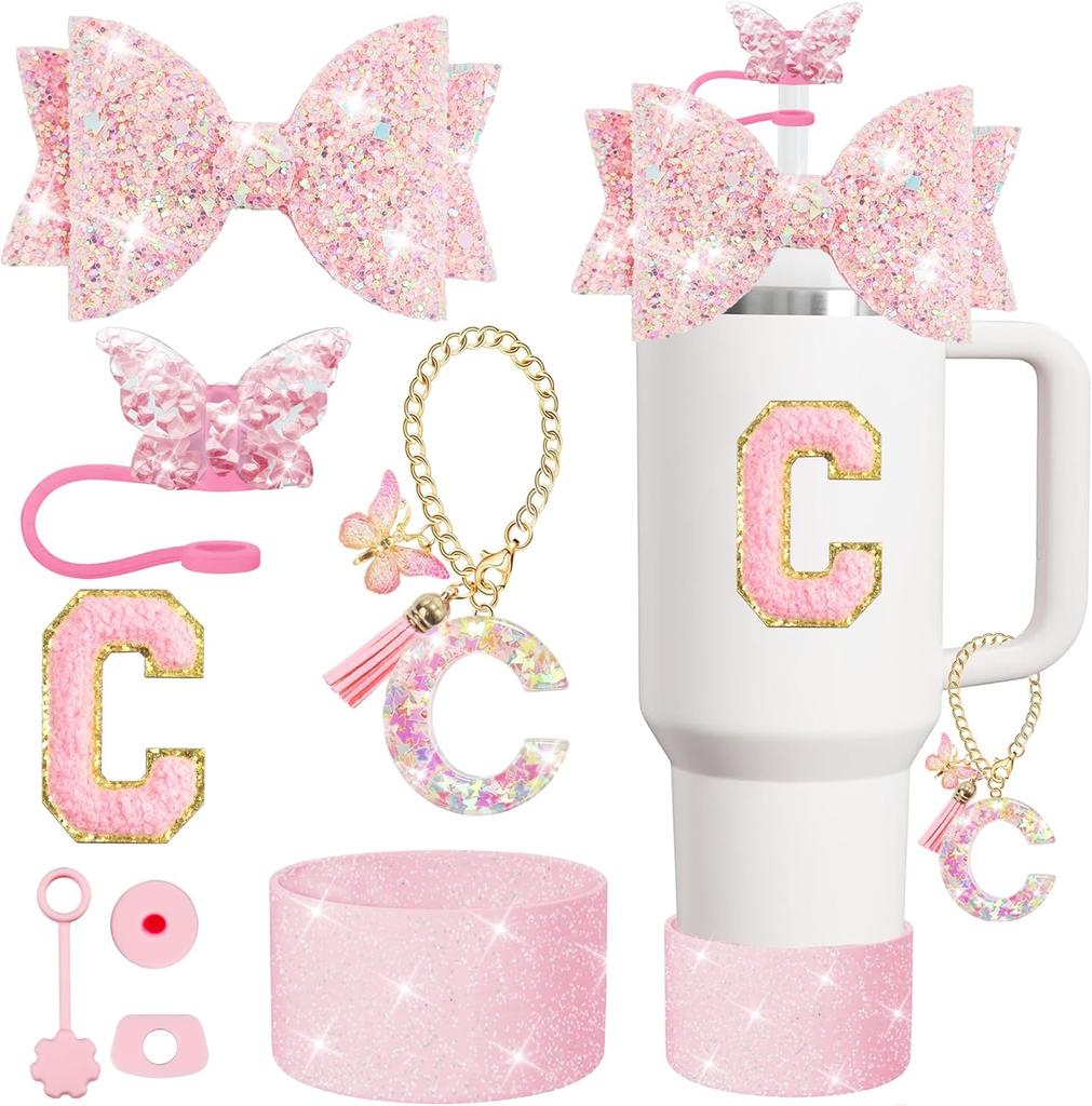 Набор из 8 предметов аксессуаров для стакана Stanley 30 унций 40 унций: топпер для соломинки, крышка-заглушка, чехол-ботинок, заглушка от проливания, подвеска-шарм, наклейка с инициалами