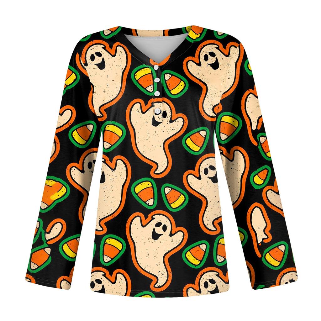 Women's Casual Fashion Sexy Comfort Halloween Printed V-Neck Button Long Sleeve