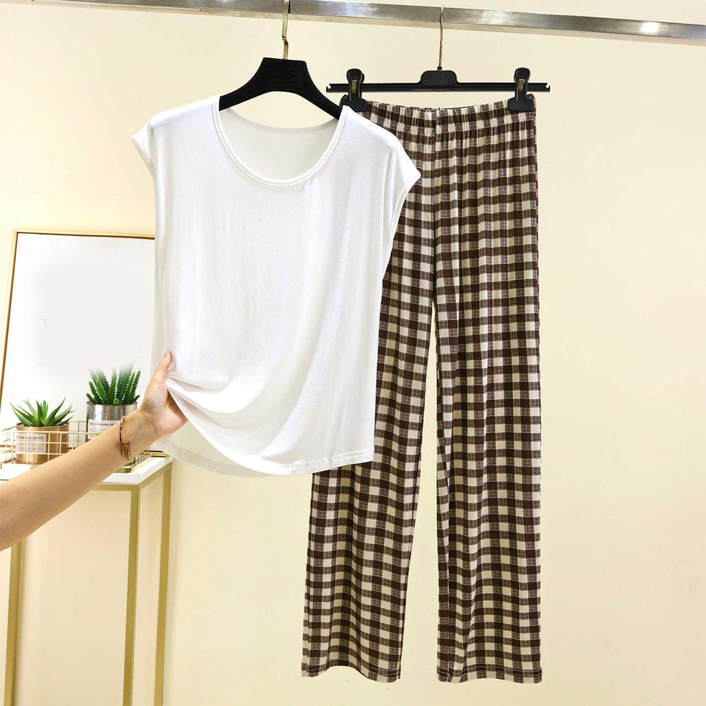 Женский повседневный и удобный топ с круглым вырезом однотонной расцветки и брюки с клетчатым принтом большого размера