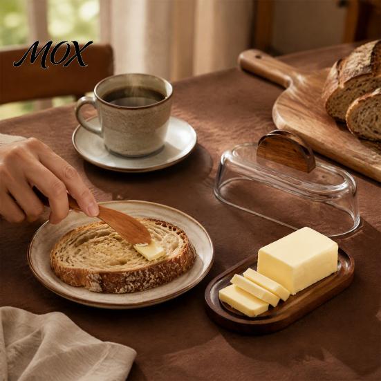 Rectangular Butter Server with Lid Wooden Dish Glass And Knife, Holder for Kitchen Food Storage Container Countertop & Refrigerator, Keeper