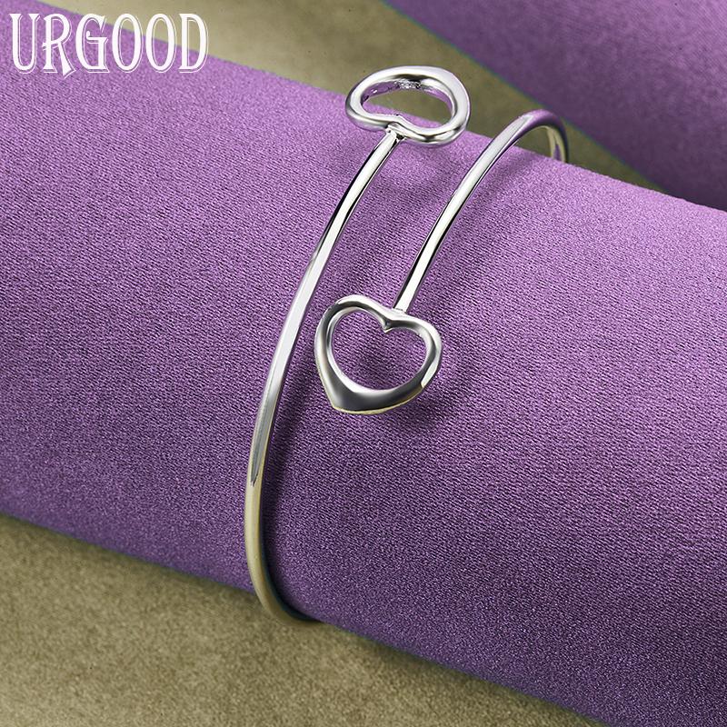 Ювелирные изделия из стерлингового серебра 925 пробы с двойным сердцем и открытым браслетом