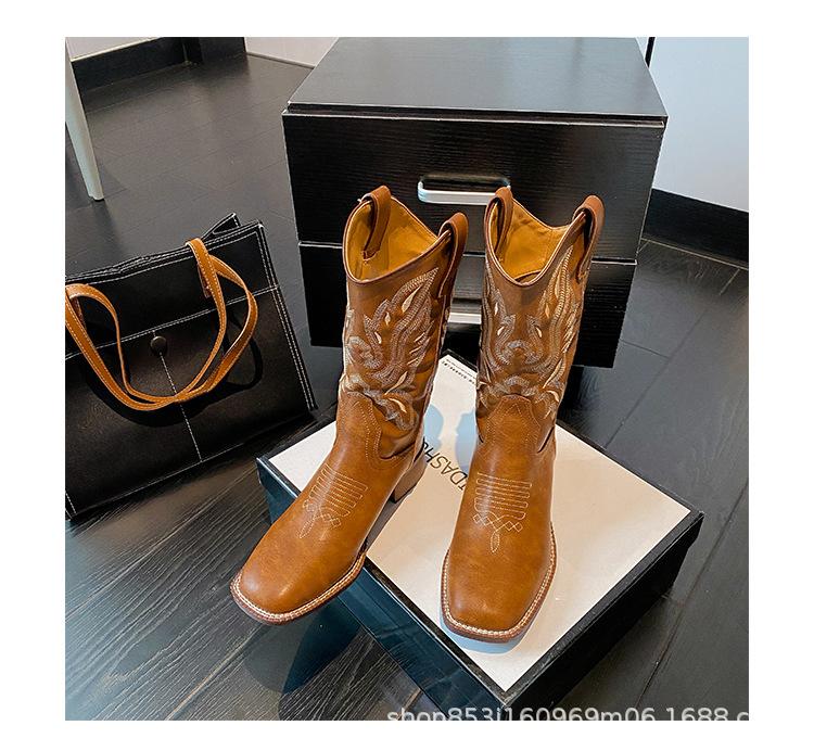 Винтажная вышивка V-образный вырез ботинки Мартина женские весенне-осенние коричневые на толстом каблуке этнический стиль рыцарские короткие ботинки западные ковбойские ботинки женские