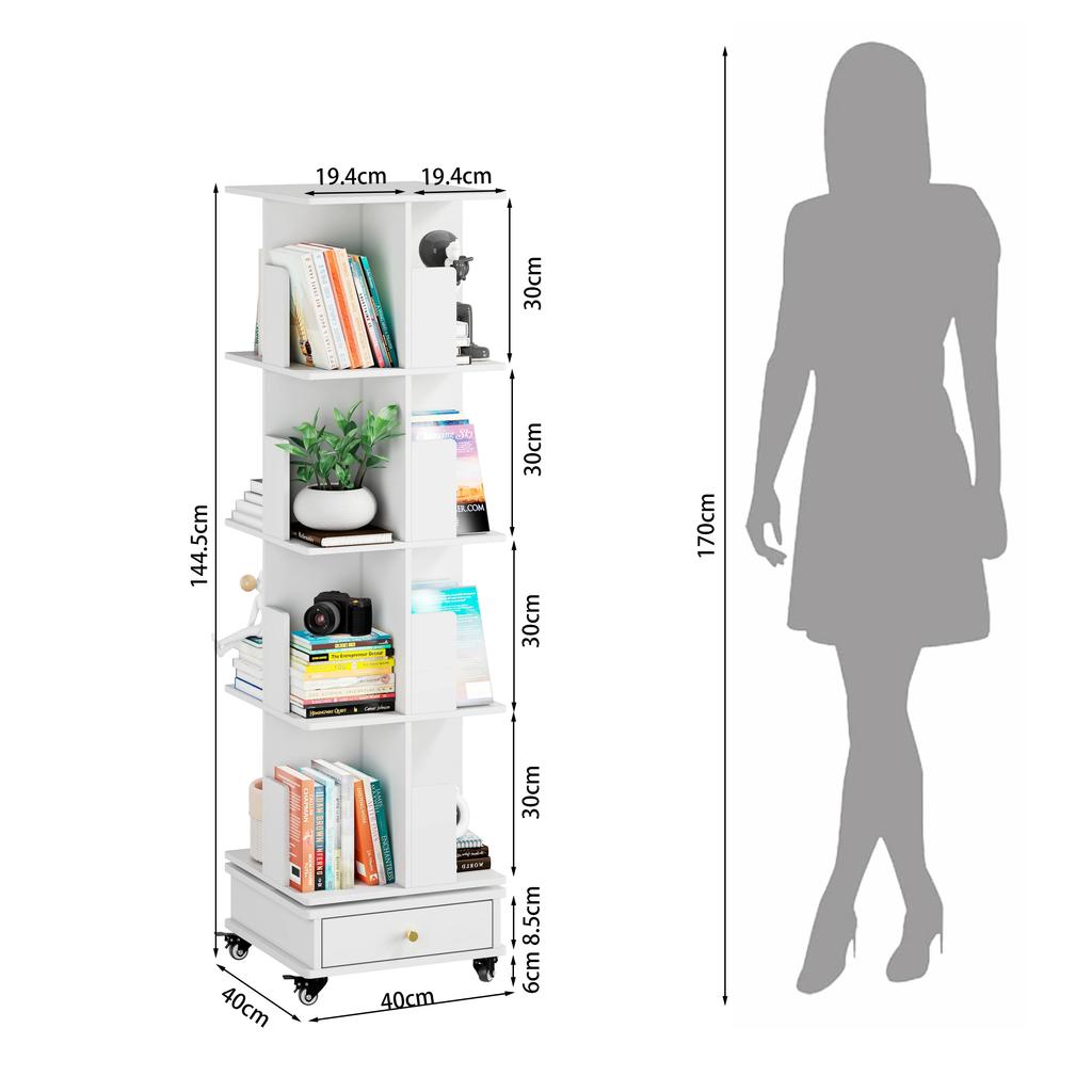 Wooden Four-layer Rotatable Mobile Bookshelf With One Drawer Book Storage Rack With Locking Wheels For Living Room/Bedroom/Study