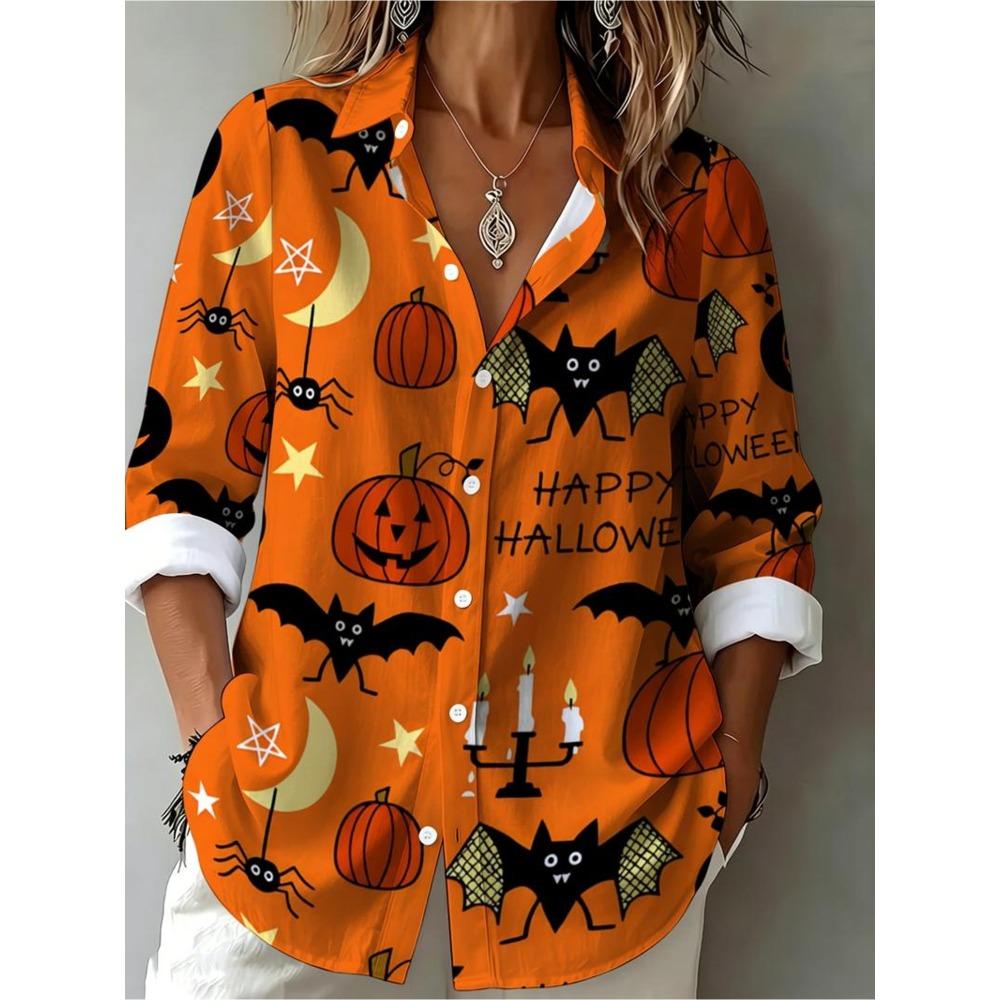 New Women's Long Sleeve Shirt, Halloween Pumpkin Bat Shirt