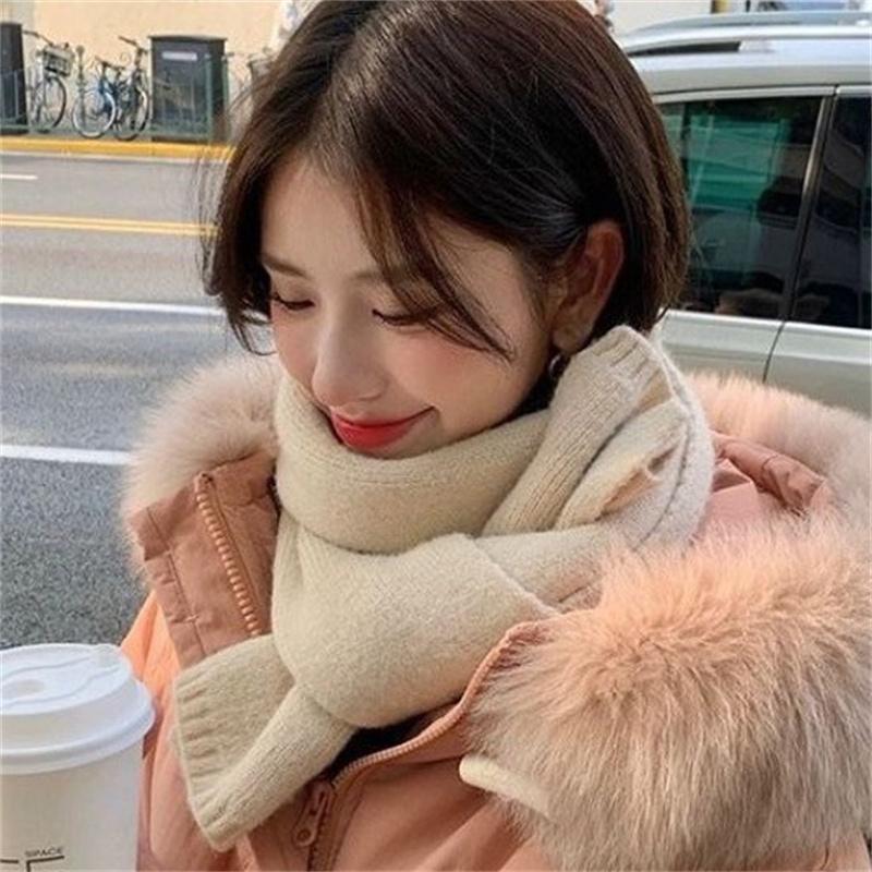 Korean Knitting Scarf Solid Color Thickened Warm Women Scarf Cold Weather Thermal Neck Wrap Casual Outfit Scarf