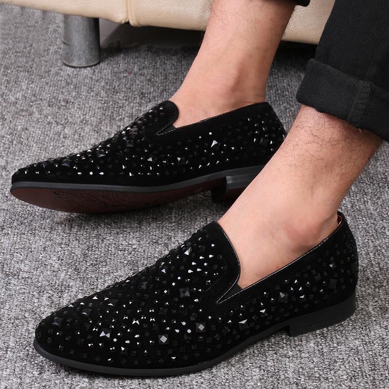 Fashion Man Loafers Shoes Genuine Leather Casual Fashion Mens Rhinestone Driving Shoes Man Flats Dress Wedding Slip-on Club Shoe