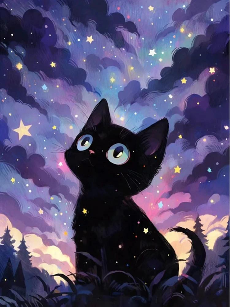 Абстрактное Звездное Небо и Черный Кот Постеры и Принт Холст Живопись Настенное Искусство Картины Для Гостиной Дома Фреска Украшение Подарок