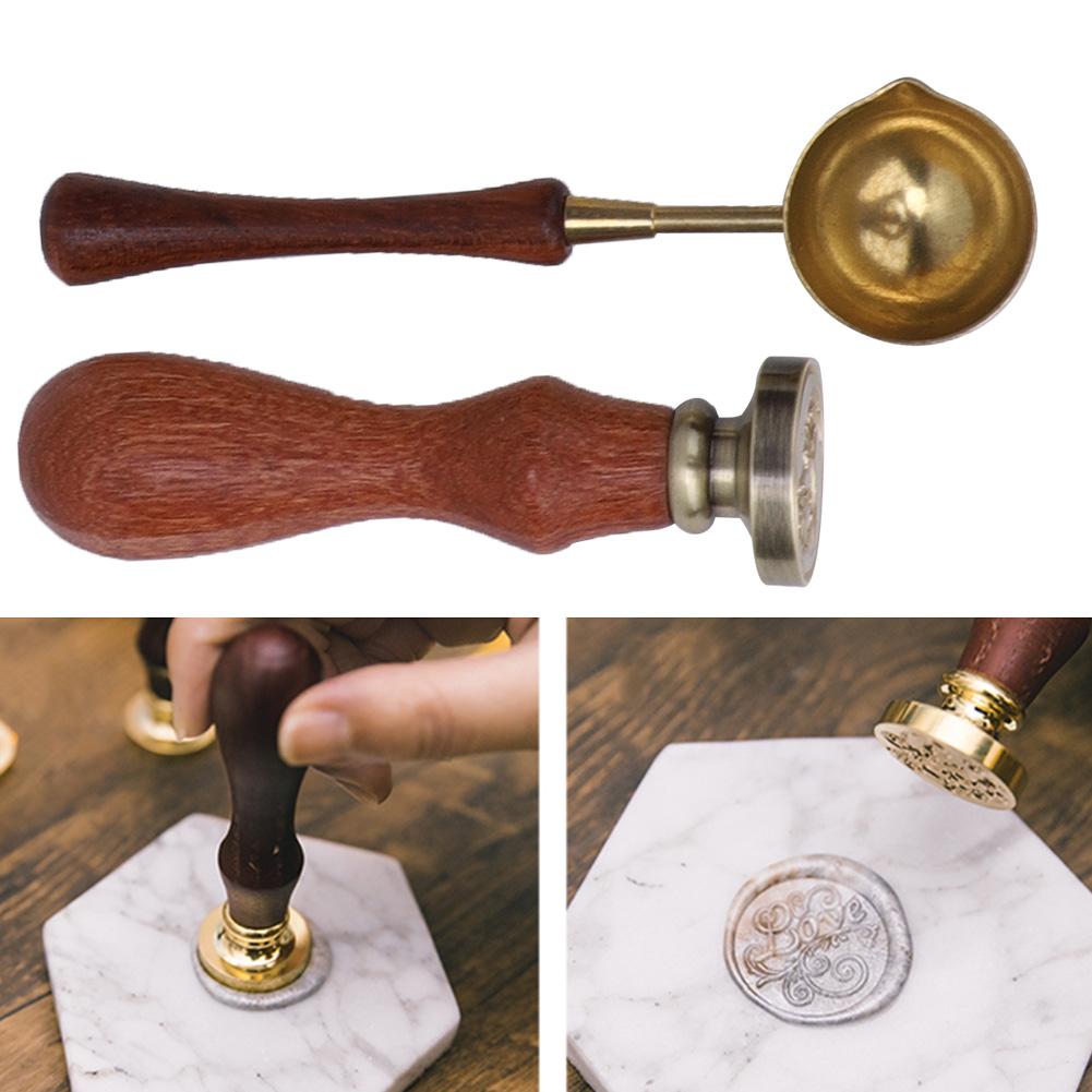 Печать в стиле ретро с деревянной ручкой, ложка для печати с набором для сургуча