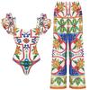 1011 European and American swimwear new women's shoulder ruffle edge enamel printing beach vacation one-piece swimsuit 11111