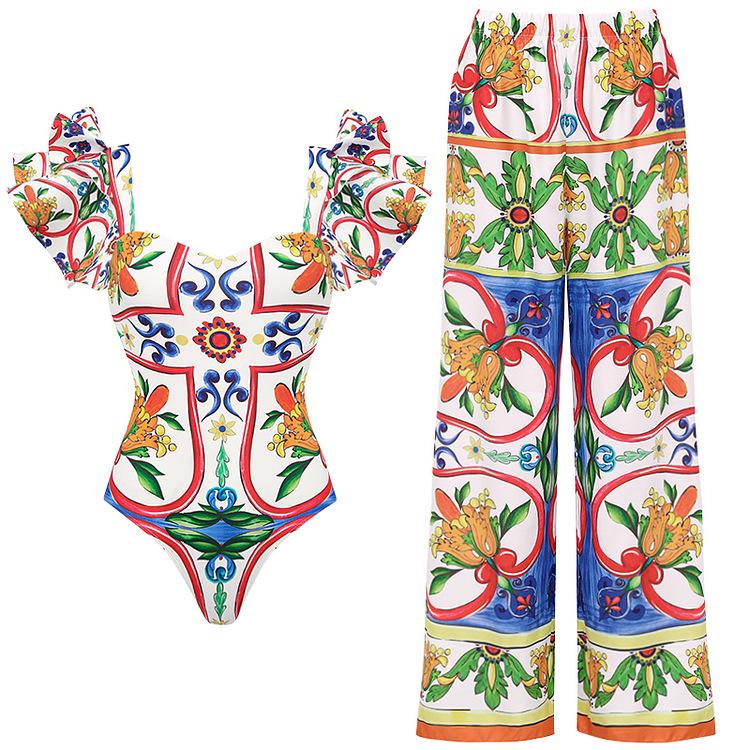 1011 European and American swimwear new women's shoulder ruffle edge enamel printing beach vacation one-piece swimsuit 11111