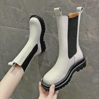 Женские белые ботинки челси 2024 года с толстой подошвой и средней высотой голенища