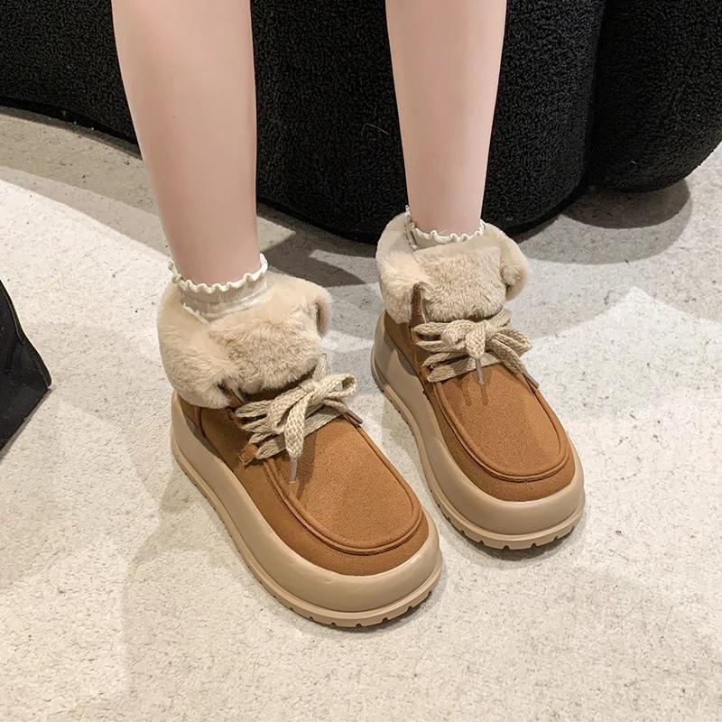 2024 женские новые модные однотонные женские ботинки для снега из хлопка в корейском стиле, нескользящие теплые ботинки на шнуровке для снега для женщин