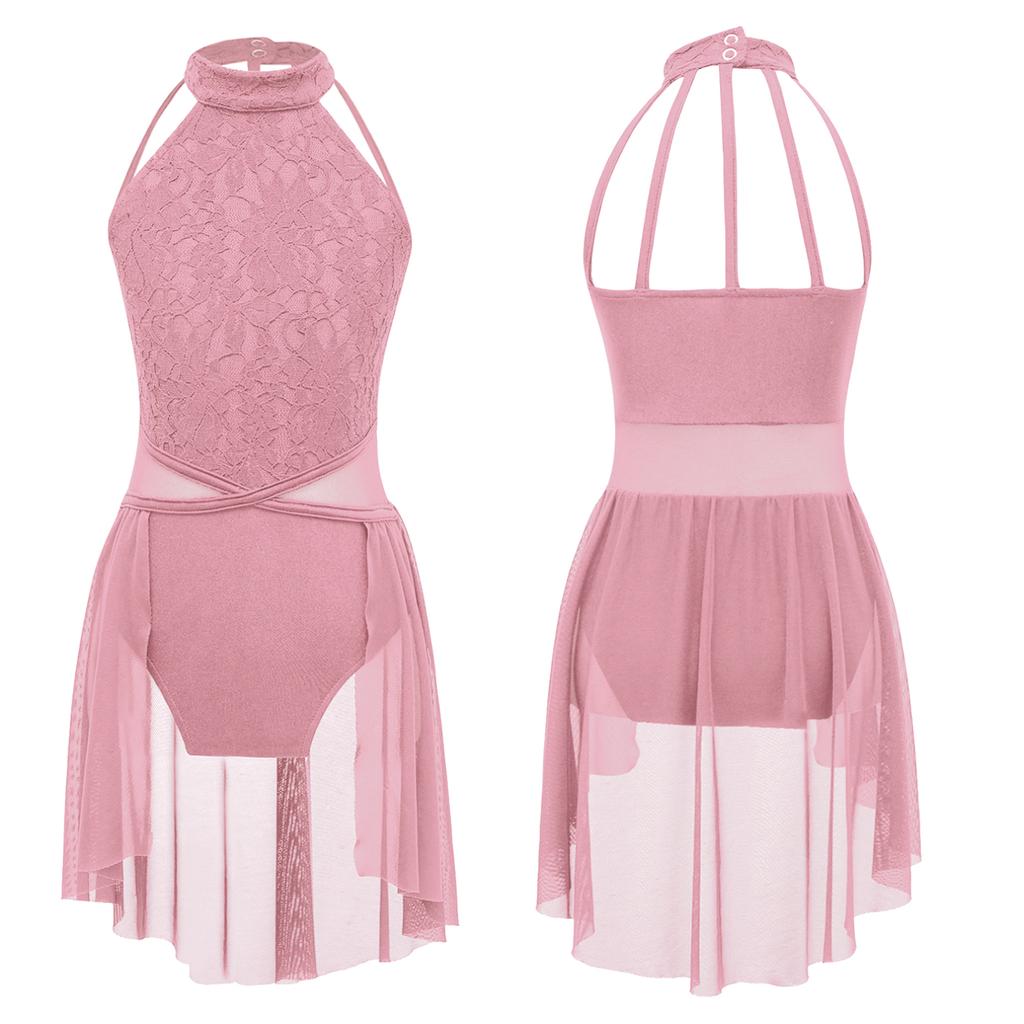 Лирическое платье для девочек, кружевное платье с цветочным принтом и открытой спиной, танцевальное трико с неровным подолом, детская танцевальная одежда