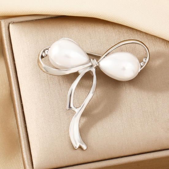 Women Brooch Faux Pearl Hollow Bow Decor Stainless Exquisite Vintage Anti-slip Wear-resistant Coat Collar Hat