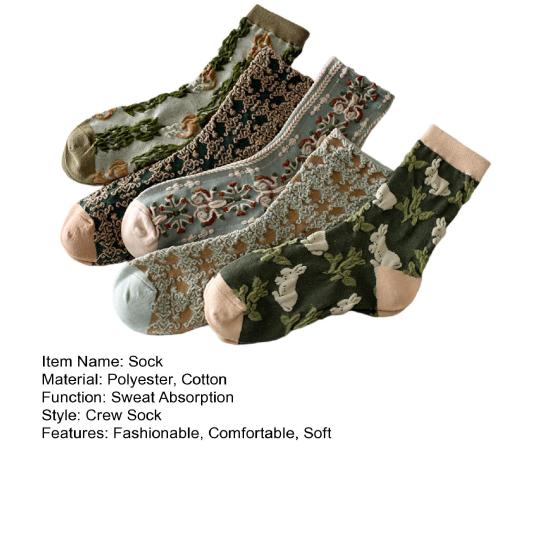 45422 Pairs Women Floral Cotton Socks Vintage Embroidered Patterned Crew Socks Ethnic Style Ankle Dress