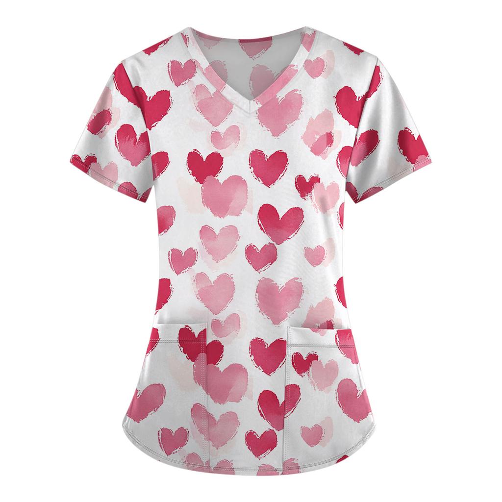 Женский модный комбинезон с коротким рукавом и V-образным вырезом, с карманом, на День святого Валентина, с принтом, топы, одежда