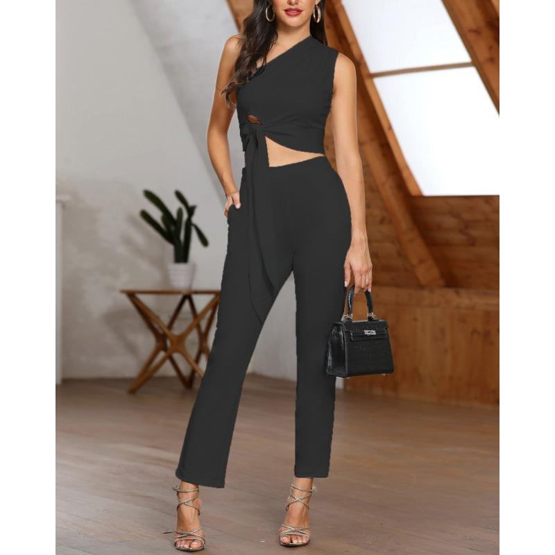 Женский однотонный сексуальный брючный костюм на одно плечо со шнуровкой и девятью точками