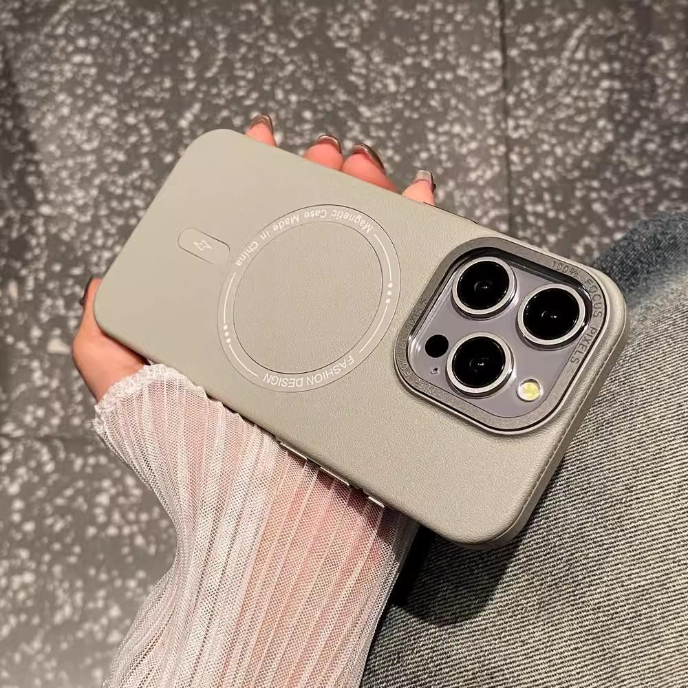 Magnetic Suction Suitable for Iphone16promax Leather Pattern Mobile Phone Case Apple 15 Metal Lens 14 Advanced Sense Protection Case