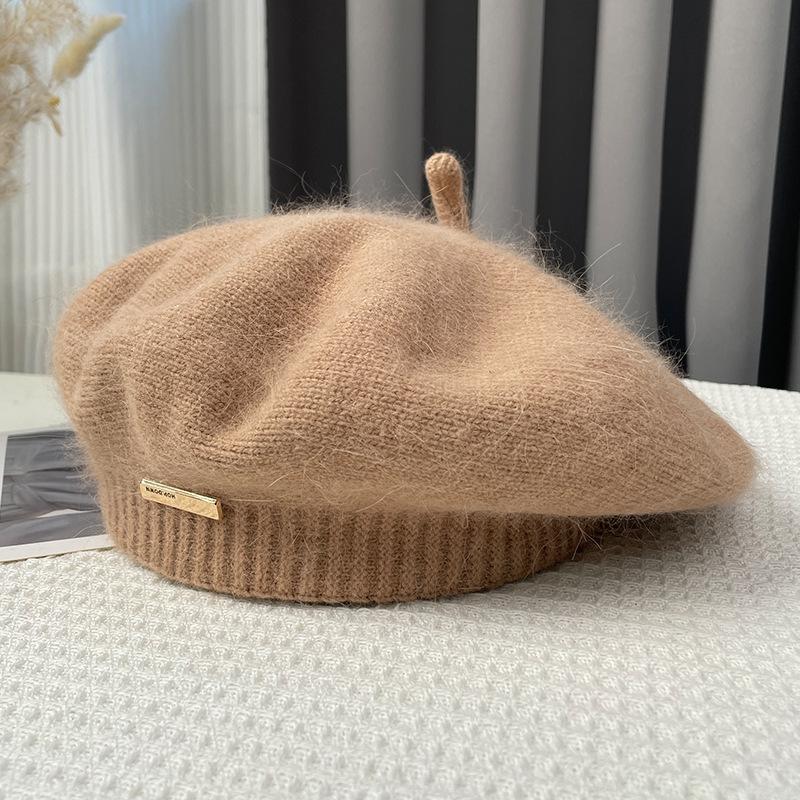 Rabbit Hair Beret Hat for Women Autumn Winter Korean Gray Painter Hats Retro Iron Logo Yarn Bud Caps