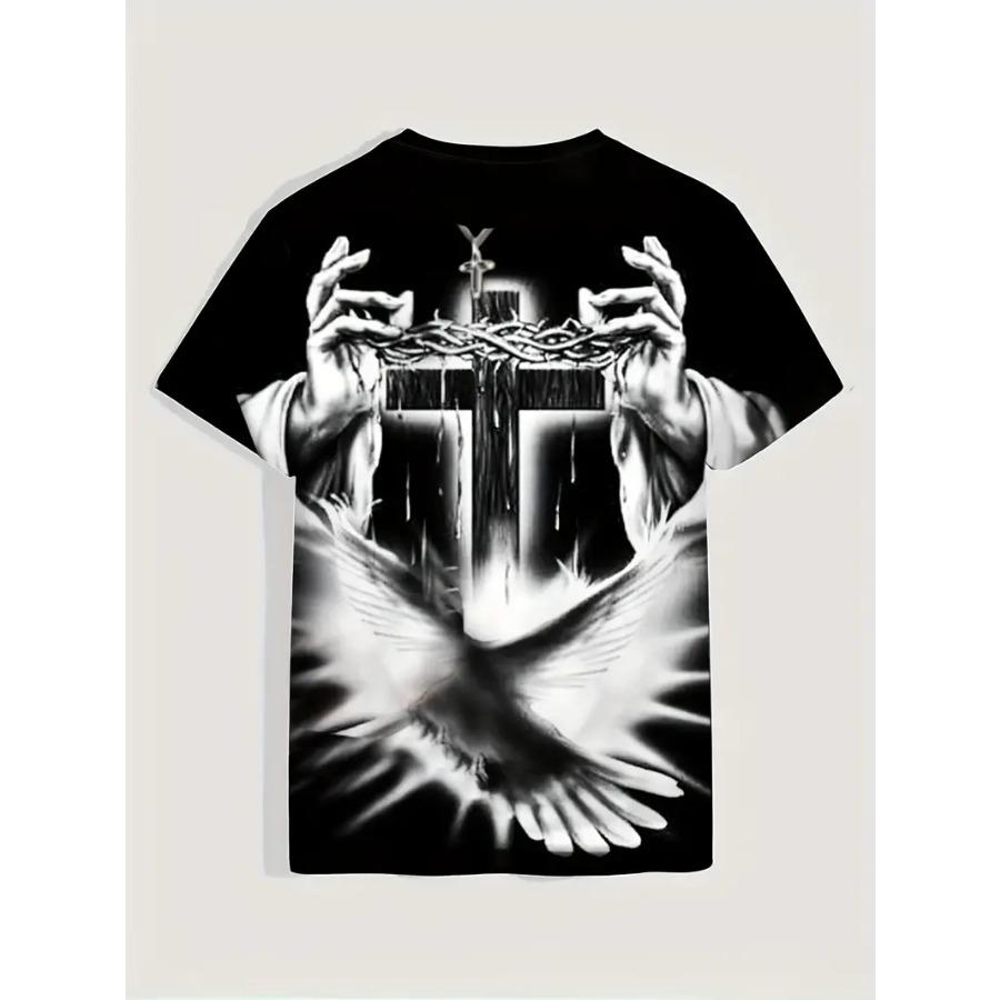 Men's 3D Cross Graphic Print Tee - Casual Short Sleeve Crew Neck T-shirt for Summer Outdoor Activities and Novelty Pajamas - Slightly Stretchy