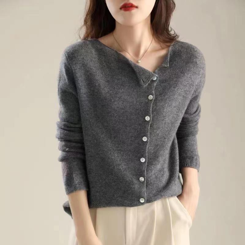 Autumn Winter Women's Sweater Elegant Button Design Knitted Cardigans for Women Casual Sweaters Low Round Neck Thin Knitted Outer