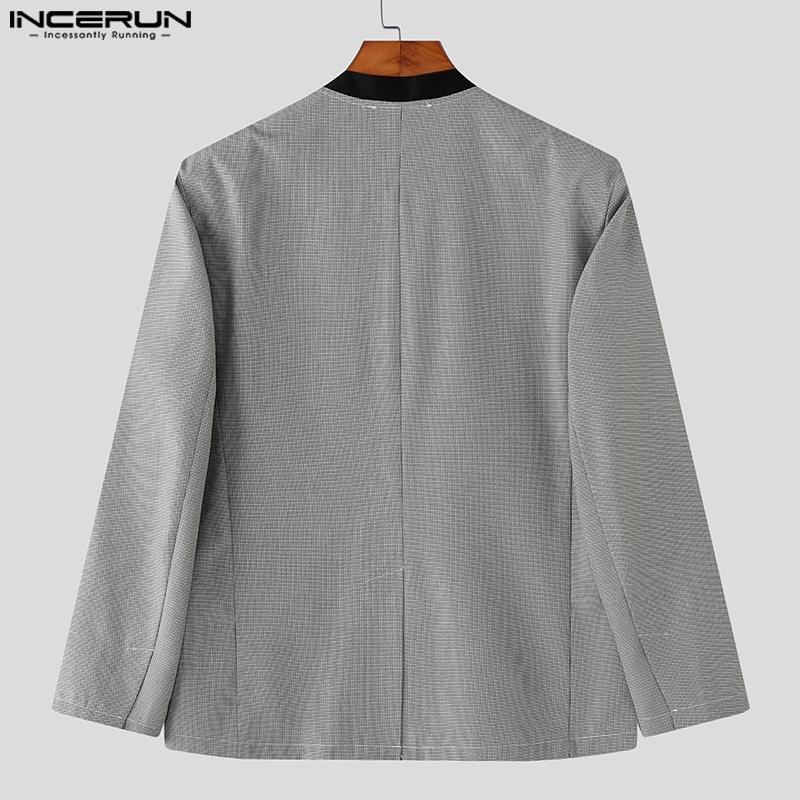 INCERUN Oversized Men V Neck Long Sleeve Plaid Print Casual Loose Thin Blazer Coats