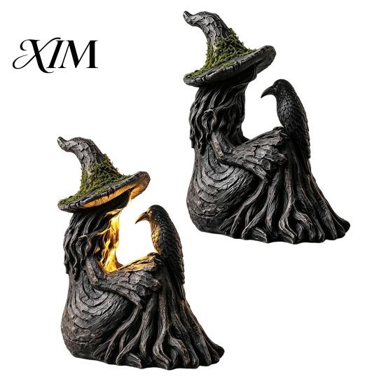 Decorative Pieces for Windowsill Luminous Witch & Raven Figurine with Mossy Tree Texture, Resin Gothic Creative Housewarming Gifts Statue LED