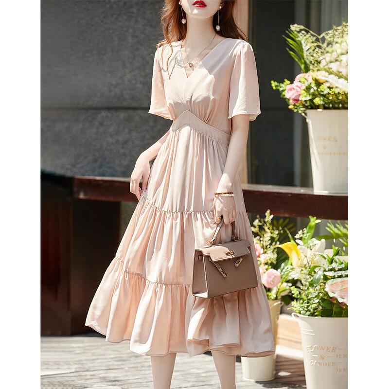 DeMana V-Neck A-Line Pleated Short Sleeve Dress