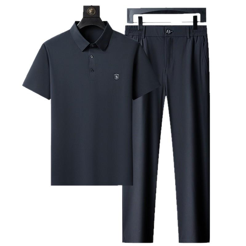 Men's Summer Elastic Ice Silk Polo Shirt Set - Breathable Short Sleeve for Middle-Aged and Elderly