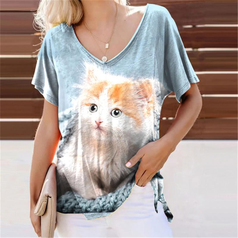 Повседневная аниме повседневная сексуальная милая цифровая футболка с 3D принтом кота, женский топ, свободные футболки с короткими рукавами и v-образным вырезом, женские топы, одежда