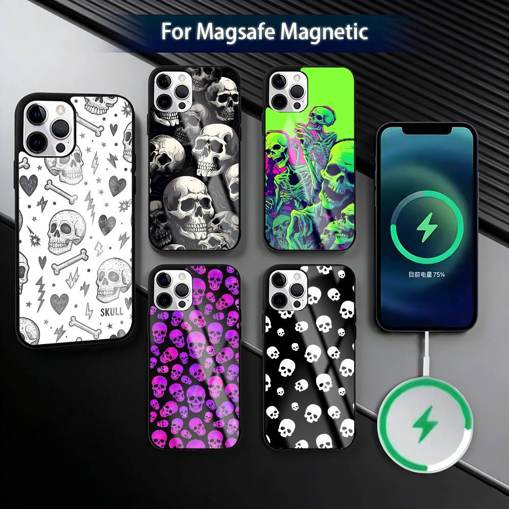 Skull Phone Case For iPhone17,16,15,14,13,12,11 Plus,Pro Magnetic with Magsafe Wireless Charging
