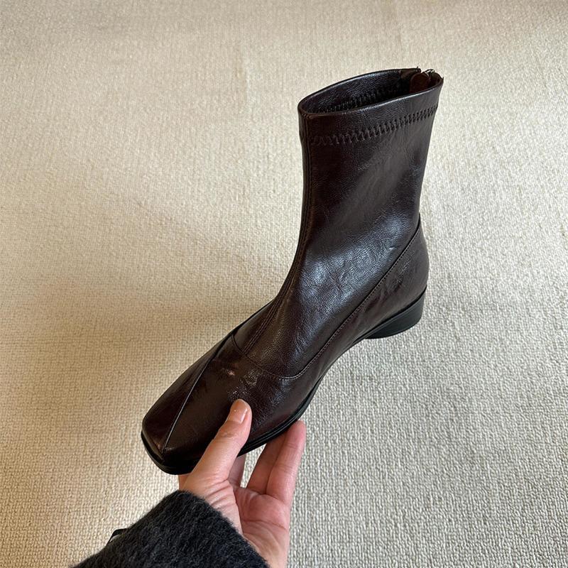 Cowhide Version~ Retro Elastic Thin Boots Women's Head Back Zipper Thin Temperament Commuter Short Boots Thick Heel Small Bare Boots