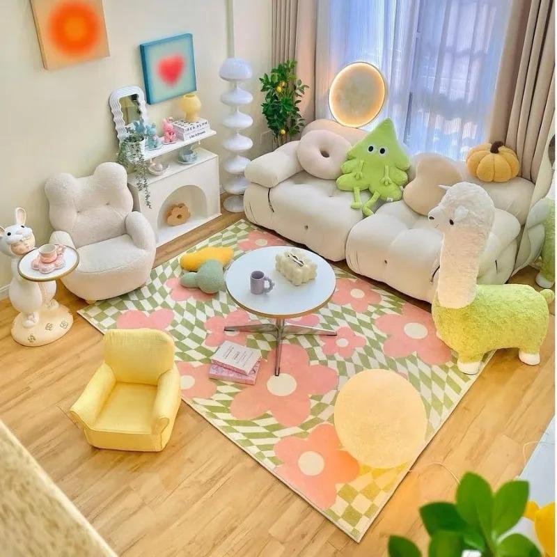 Розово-голубой клетчатый прикроватный ковер, милый ковер для спальни с дофамином, модный ковер в стиле инс, передовой легкий роскошный мягкий коврик для журнального столика, ковер