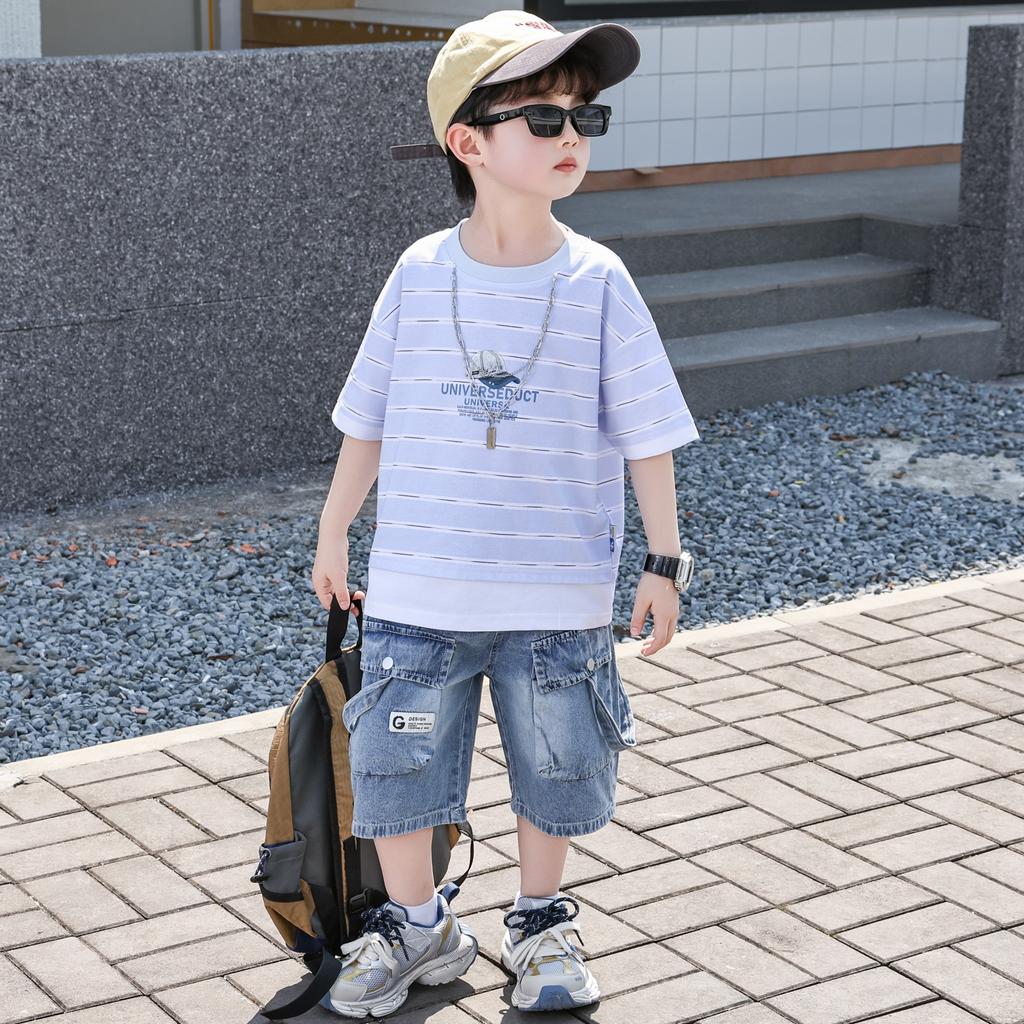 Boys' Summer Striped Short Sleeve Set 2026 New Style Handsome and Fashionable Little Boys' Summer Fashion Cool Wear with Jeans