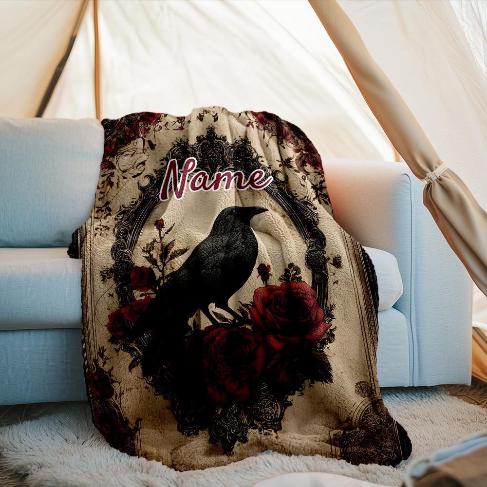 Outdoor Customize Your Name Blanket Elegant Crow With Roses Design Comfortable Soft Lightweight Allseason Multipurpose Blanket For Travel Camping