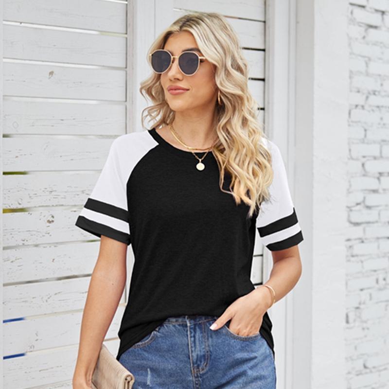 Женская весенне-летняя свободная полосатая футболка с круглым вырезом и короткими рукавами