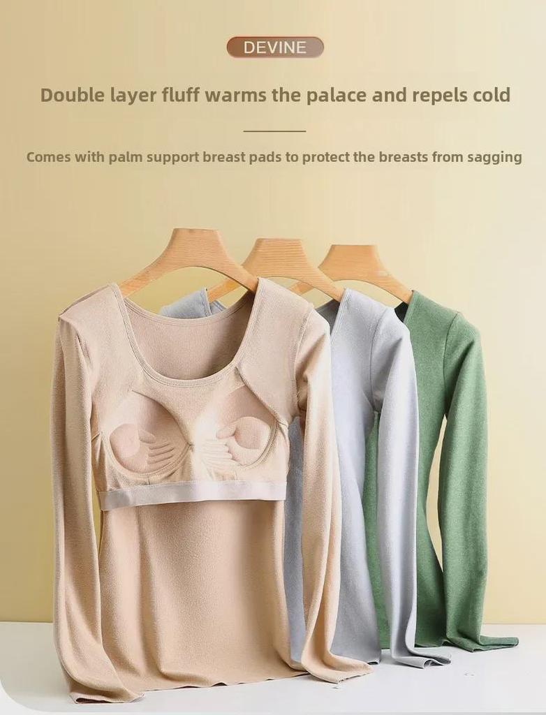 Женское термобелье из немецкого бархата с нагрудными вкладышами: Приталенный крой, плотный бархатный топ с длинными рукавами для осени и зимы