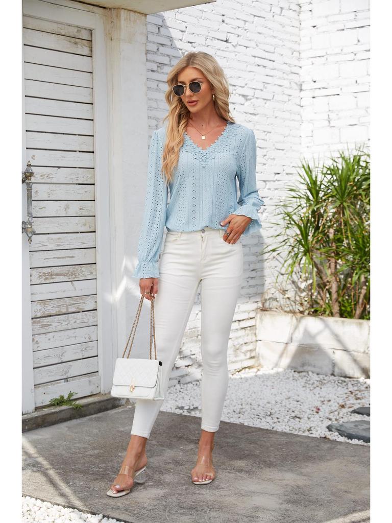 2024 Women's Solid Color V-Neck Long Sleeve Casual Loose T-Shirt