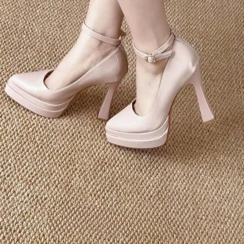 Fashion Small High-heeled Shoes Women's Platform 2025 Spring New One-word Buckle Strap Single Shoes
