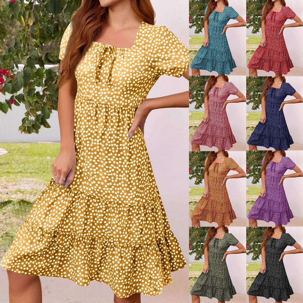 Womens Square Neck Tiered Summer Dresses Casual Floral Short Sleeved A-line Swing Flowy Dress Beach Boho Sundress