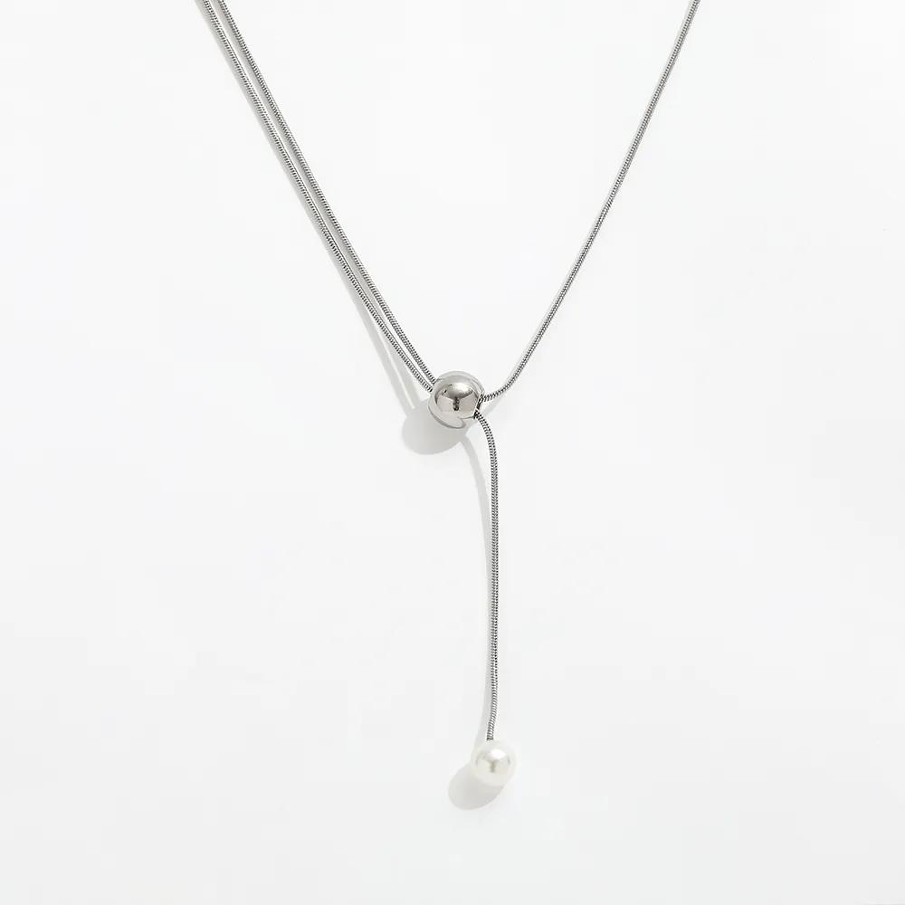 Fenny 18K Gold Plated Elegant Fresh Water Pearl Bead Pendant Sweater Chain Adjustable Stainless Steel Necklace