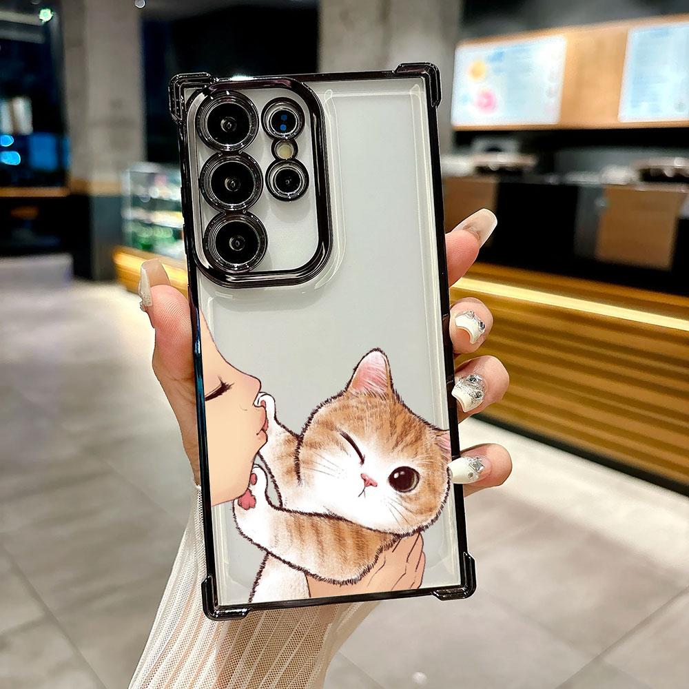 Чехол для телефона Galaxy S26 Ultra с изображением лица девушки без поцелуя и кошки, милый чехол для Samsung S26 S25 S24 S23 S21 Ultra S20 FE S25 Plus 5G