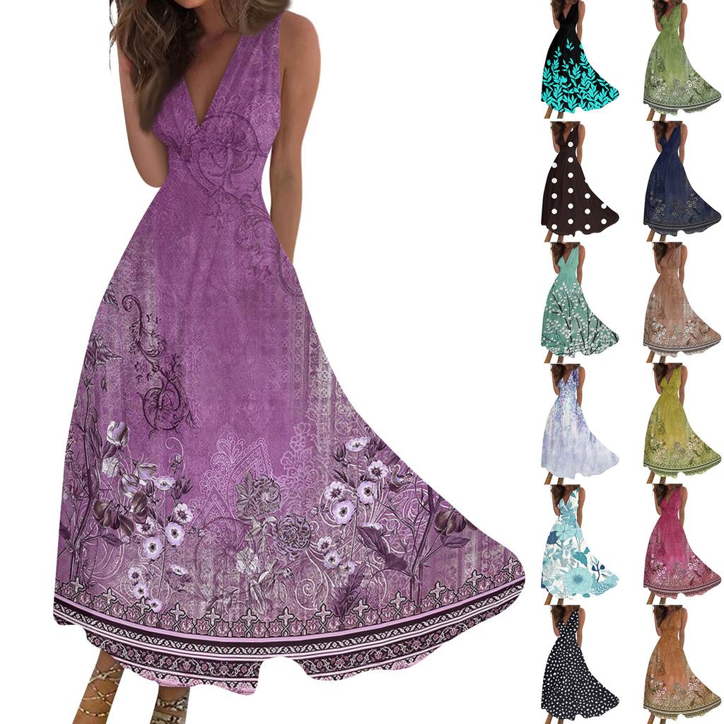 Женские модные повседневные свободные платья с V-образным вырезом без рукавов с принтом