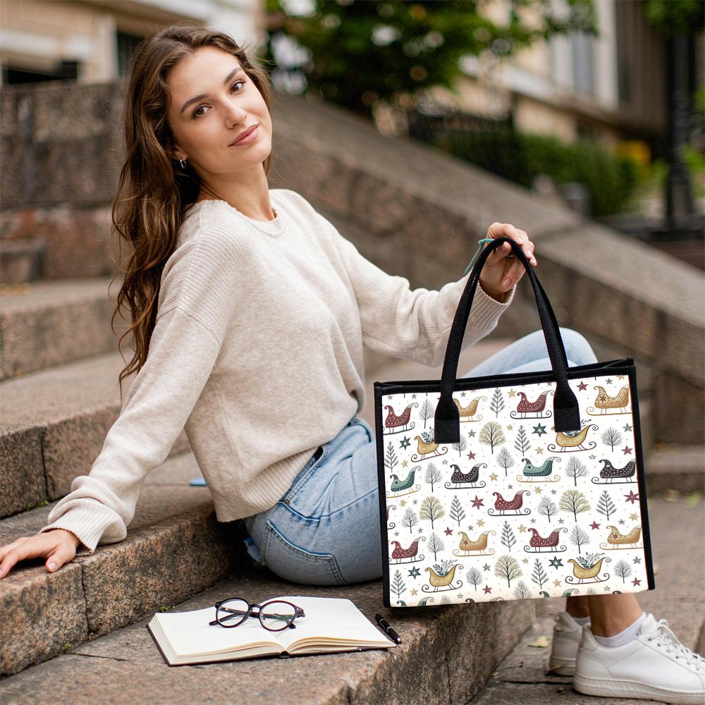 Christmas Sleigh Print Tote Bag Casual Large Capacity Reusable Handbag for Daily Shopping