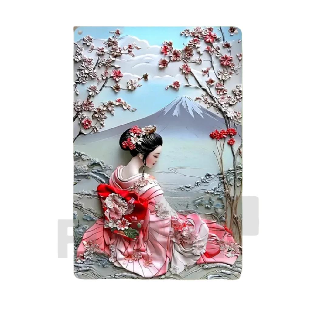 Японская гейша кимоно металлический знак, 2D элегантный японский постер с цветущей вишней, для дома, комнаты, офиса, идзакая, кафе, студии настенный декор