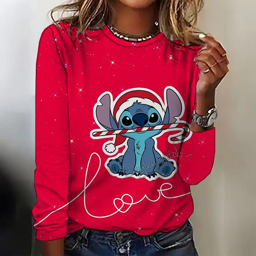 Новая женская футболка с круглым вырезом, топ с длинным рукавом, принт Disney Christmas Stitch, модная и трендовая женская футболка топ для аут