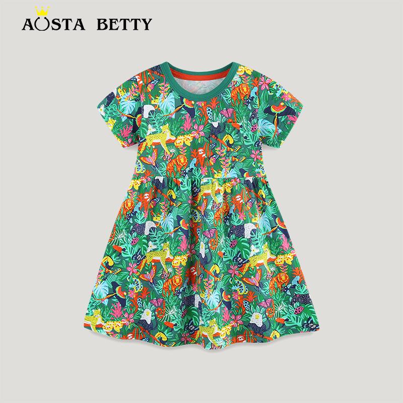 Летнее трикотажное хлопковое платье принцессы для девочек - Европейский и американский стиль, короткий рукав, милый дизайн