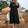 Summer Women's Solid Color Loose Waist Long Dresses Cotton Linen Round Neck Dress